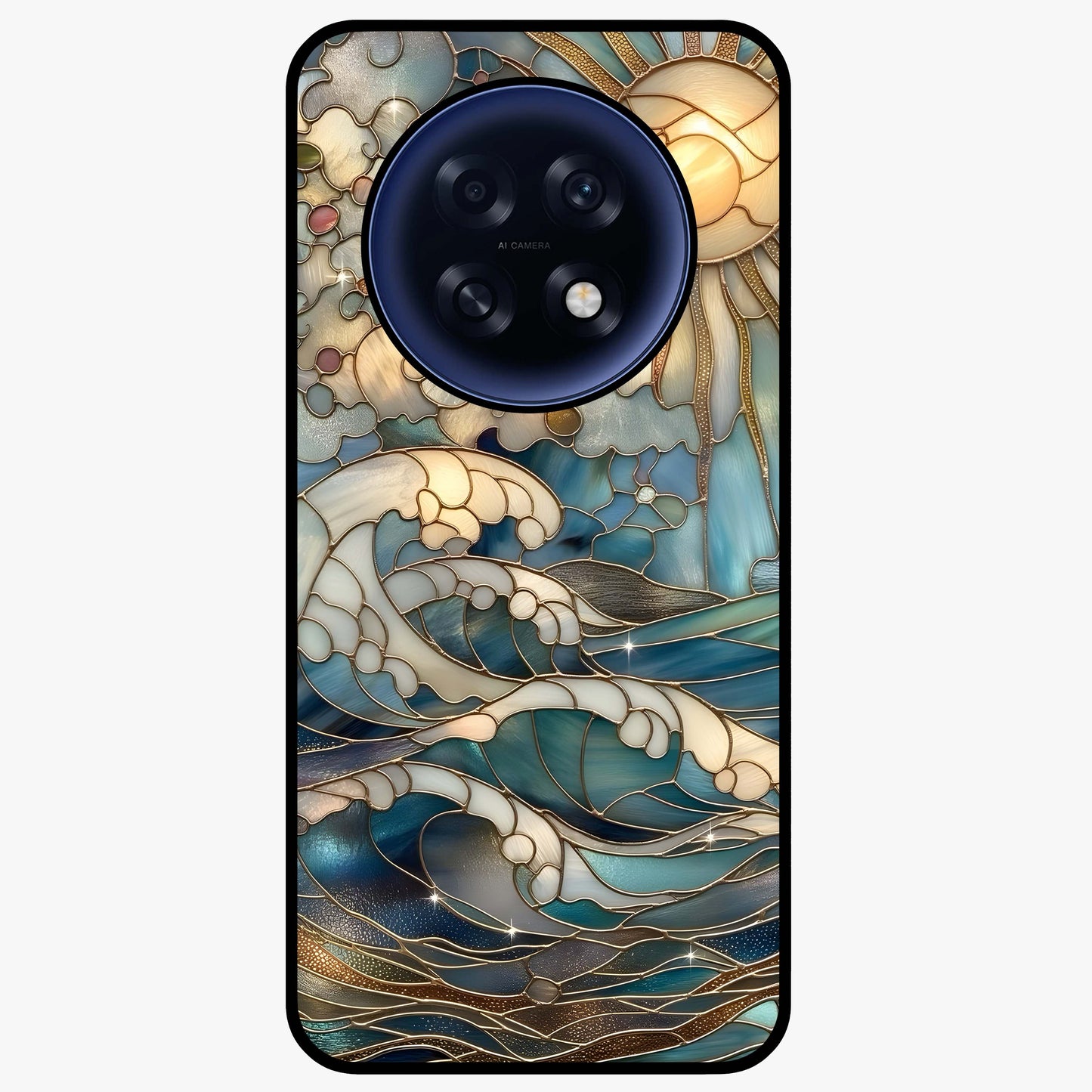 Oceanic Stained Printed Glass Case showing flat back view with ocean inspired stained pattern artwork and glossy glass finish.