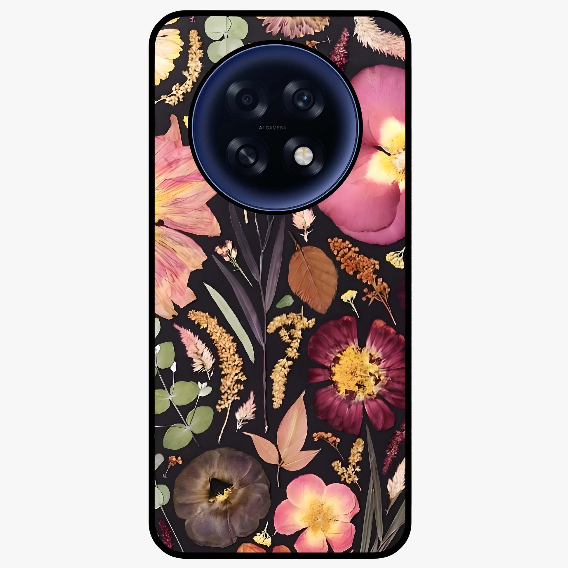 Petal Dream Tapestry Glass Case showing flat back view with intricate floral tapestry artwork and glossy glass finish.