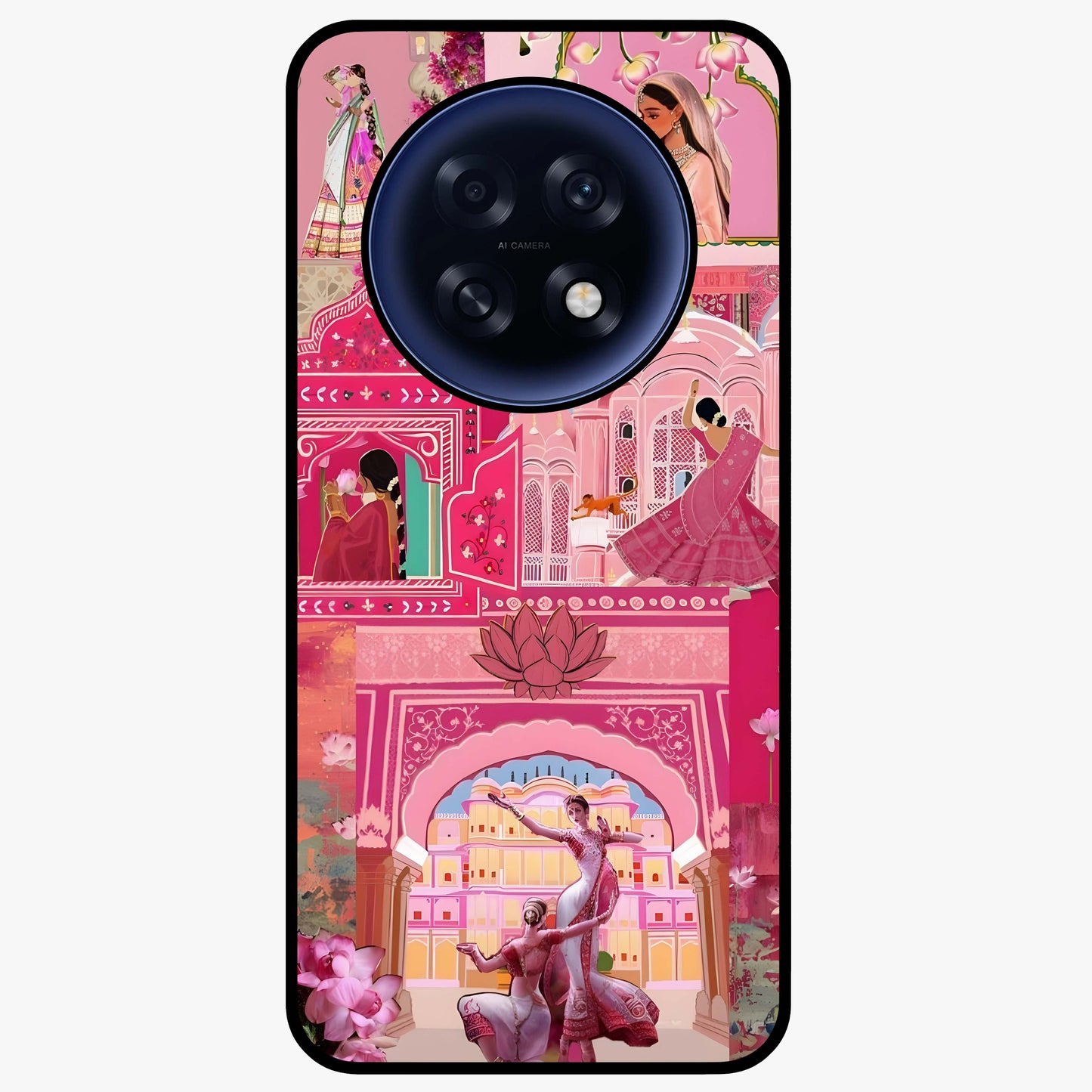 Pink Palace Muse Glass Case showing flat back view with elegant palace inspired artwork and glossy glass finish.