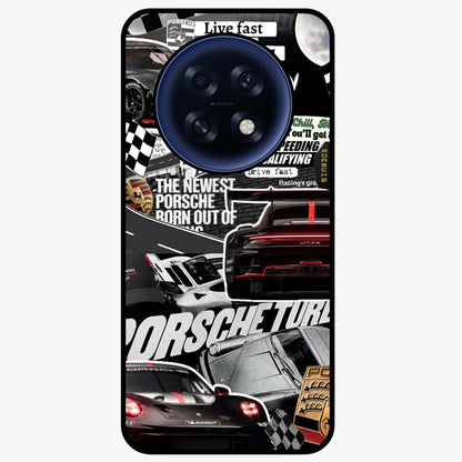 Porsche Racing Collage Glass Case showing flat back view with sports car racing collage artwork and glossy glass finish.