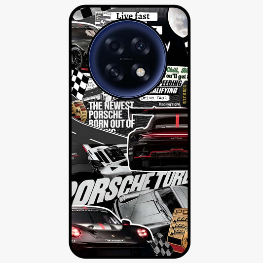 Porsche Racing Collage Glass Case showing flat back view with sports car racing collage artwork and glossy glass finish.