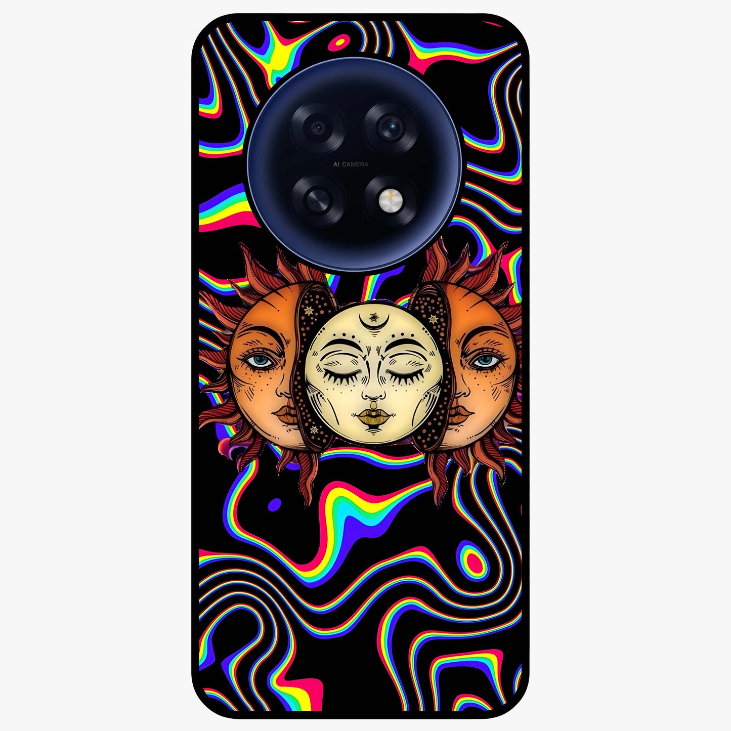 Psychedelic Sun Glass Case showing flat back view with colorful psychedelic sun artwork and glossy glass finish.