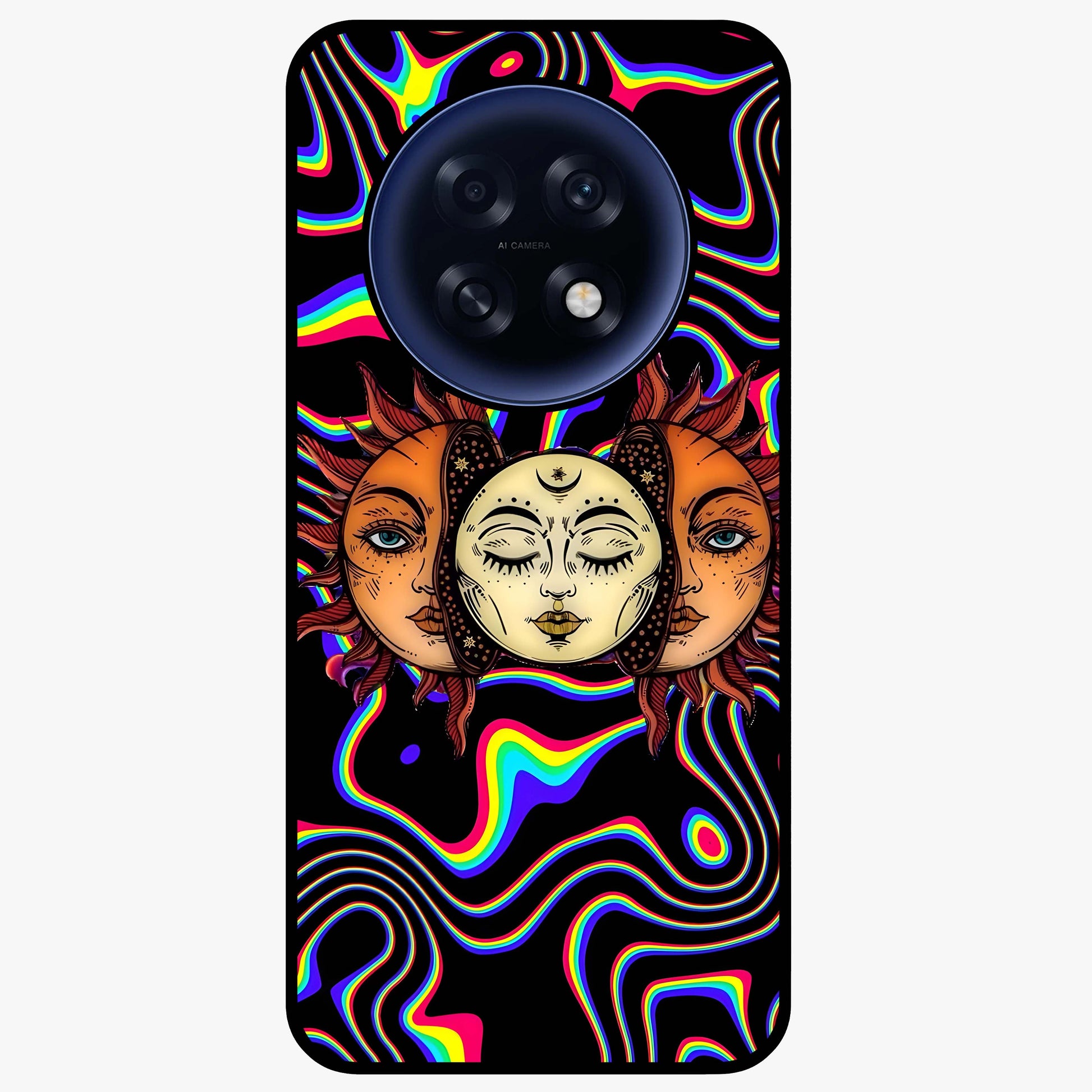 Psychedelic Sun Glass Case showing flat back view with colorful psychedelic sun artwork and glossy glass finish.