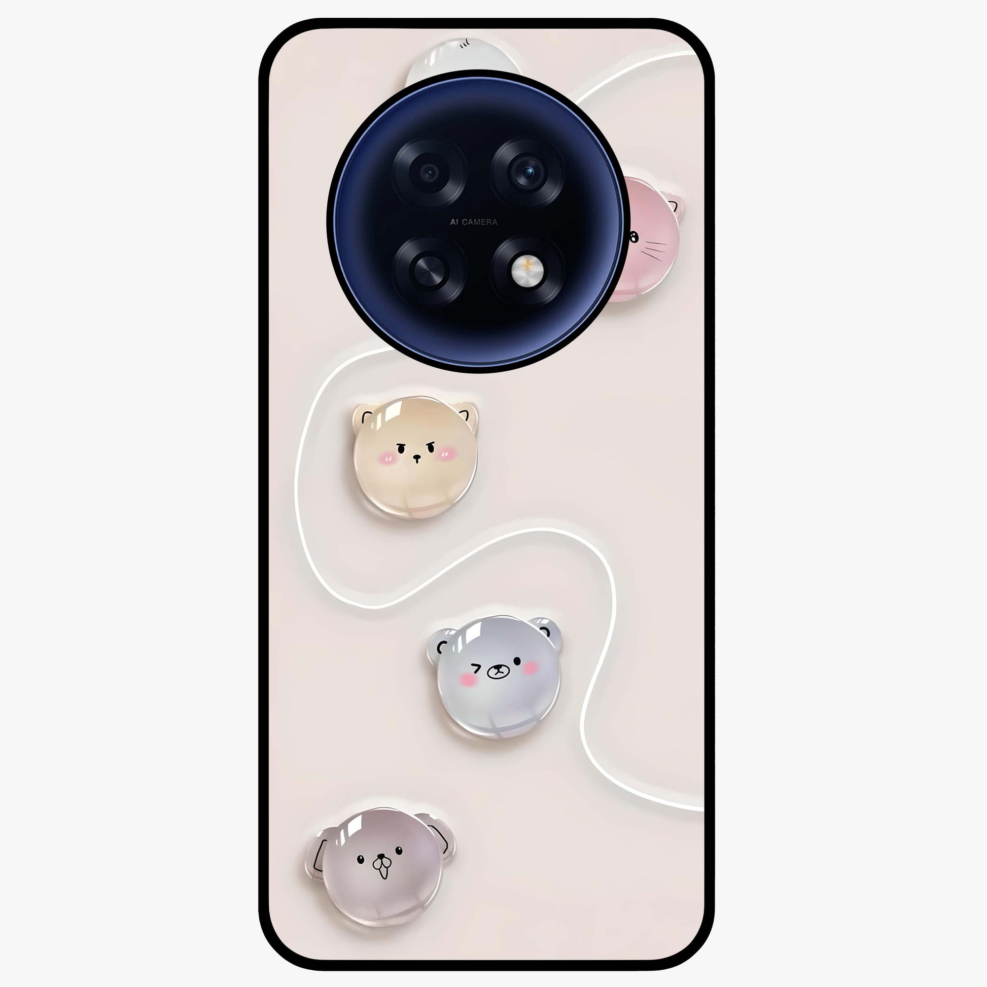 Puffy Face Parade Glass Case showing flat back view with cute puffy character faces artwork and glossy glass finish.