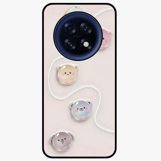 Puffy Face Parade Glass Case showing flat back view with cute puffy character faces artwork and glossy glass finish.