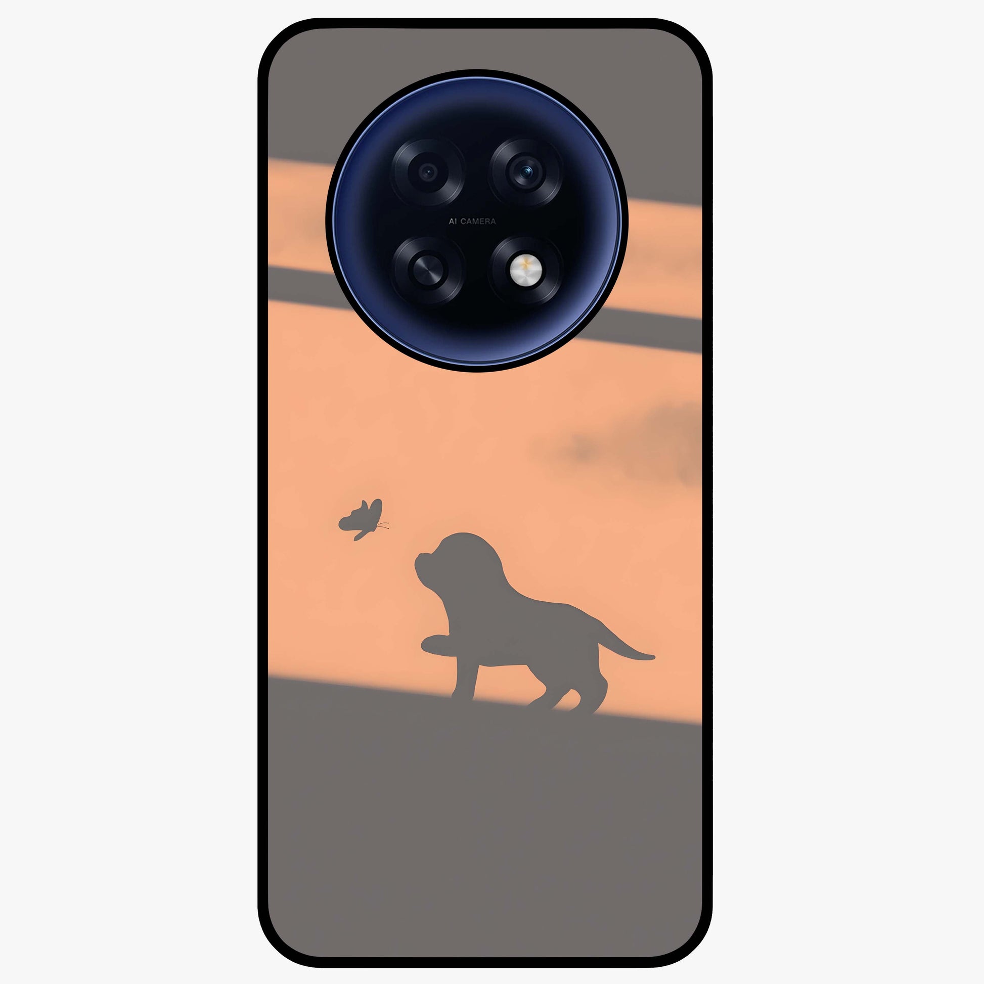 Puppy Shadow Art Glass Case showing flat back view with cute puppy shadow style artwork and glossy glass finish.