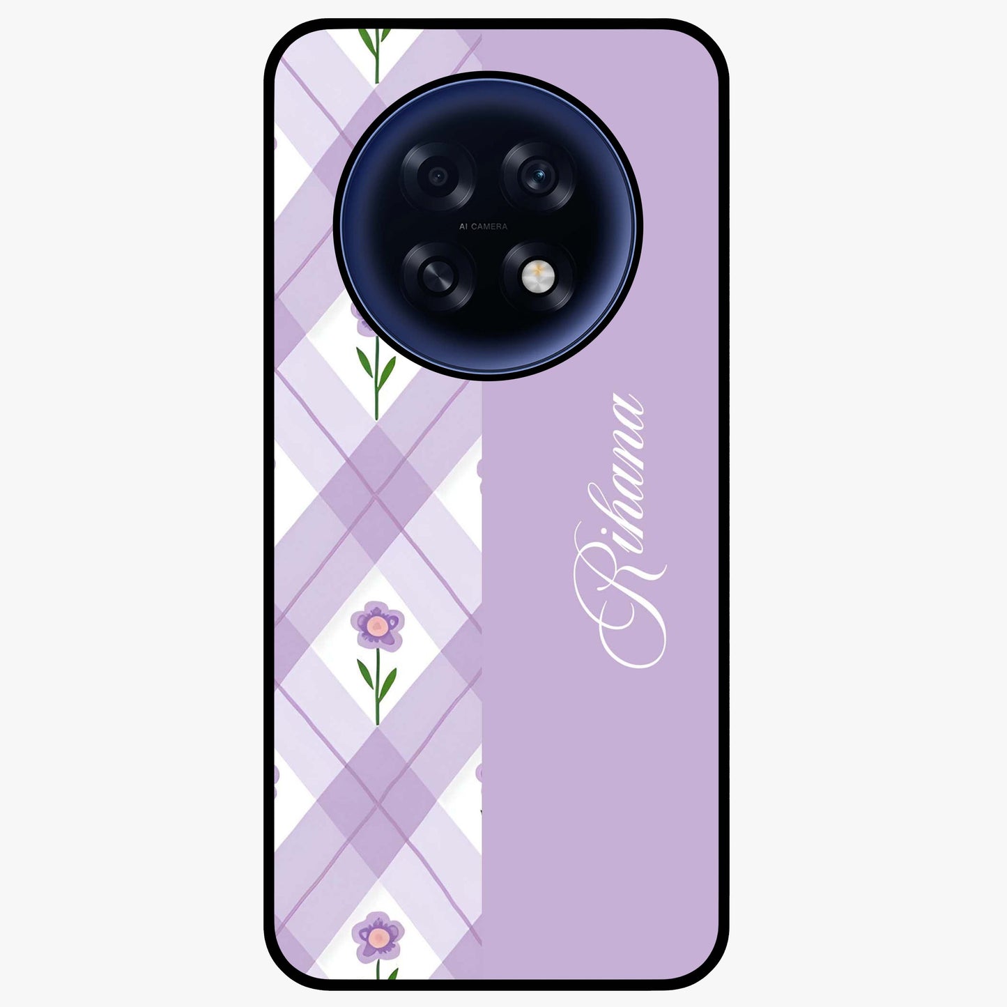 Purple Diamond Floral Glass Case showing flat back view with diamond shaped floral artwork and glossy glass finish.