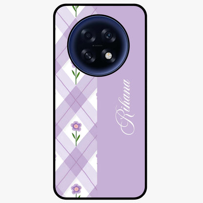 Purple Diamond Floral Glass Case showing flat back view with diamond shaped floral artwork and glossy glass finish.