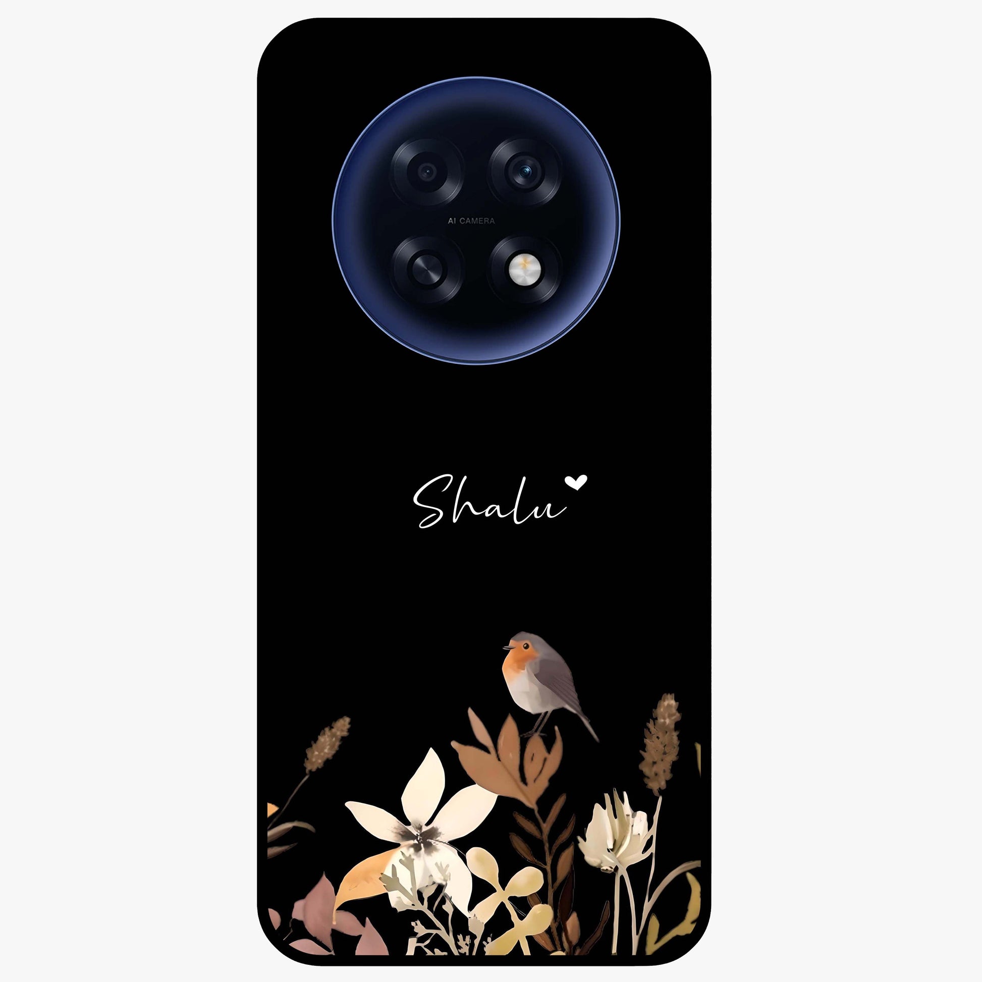 Quiet Garden Tune Custom Name Glass Case showing flat back view with peaceful garden artwork and personalized name design.