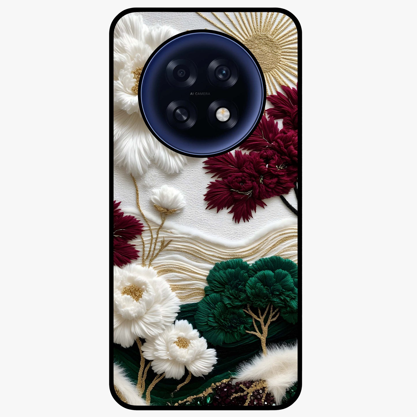 Radiant Bloom Elegance Glass Case showing flat back view with elegant blooming flower artwork and glossy glass finish.