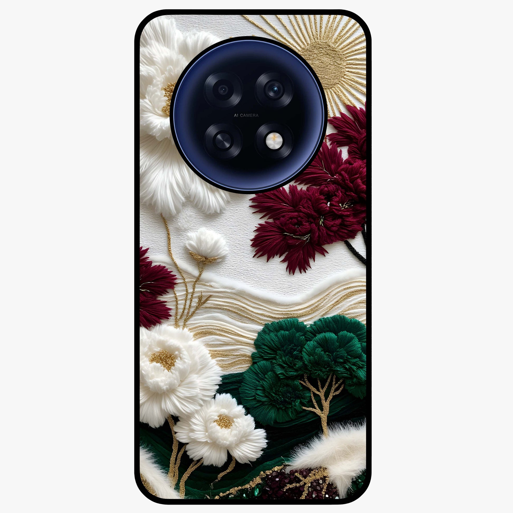 Radiant Bloom Elegance Glass Case showing flat back view with elegant blooming flower artwork and glossy glass finish.