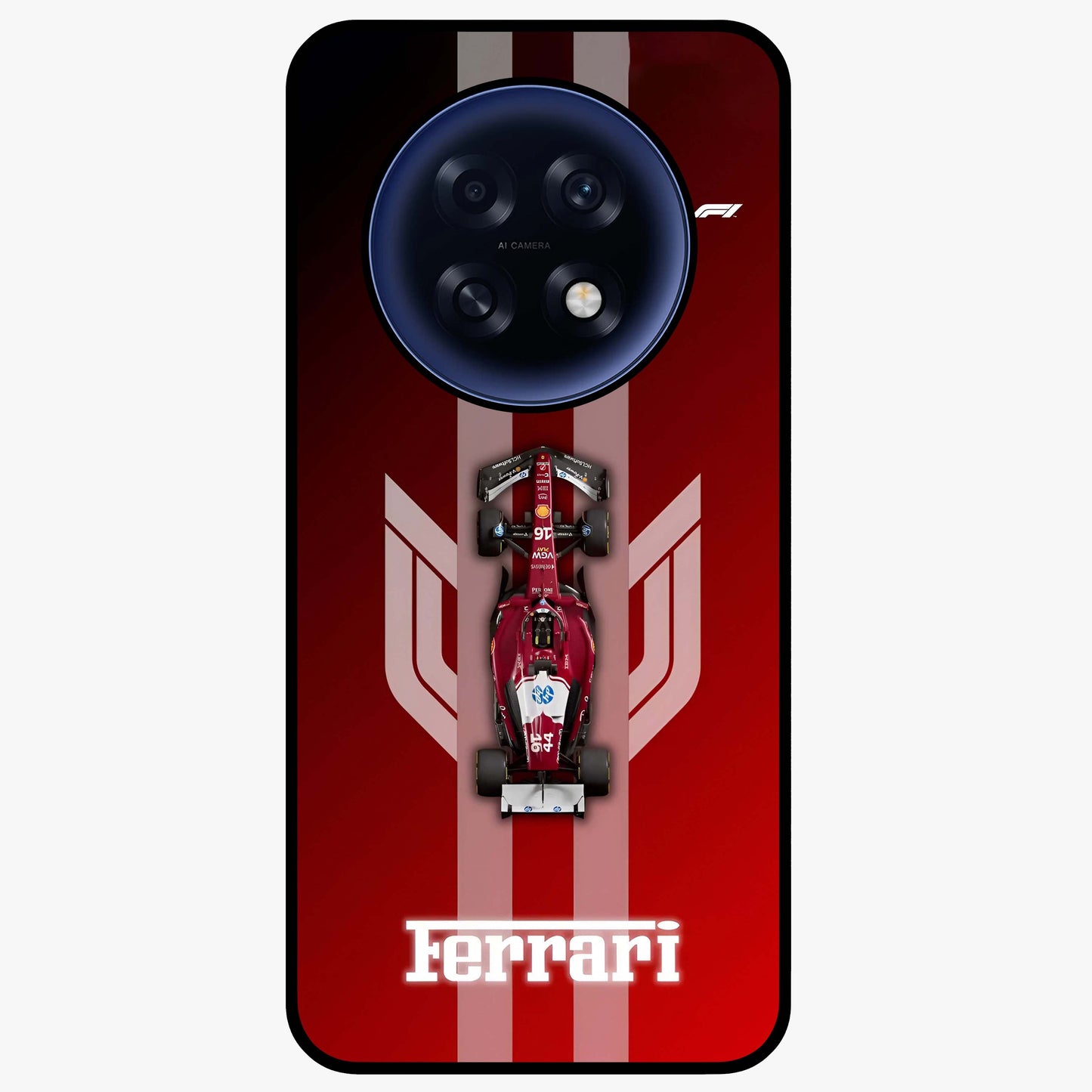 Red Ferrari F1 Vertical Glass Case showing flat back view with sleek Formula racing car artwork and glossy glass finish.