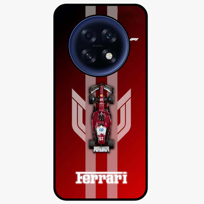 Red Ferrari F1 Vertical Glass Case showing flat back view with sleek Formula racing car artwork and glossy glass finish.