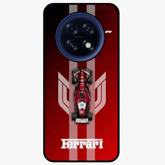 Red Ferrari F1 Vertical Glass Case showing flat back view with sleek Formula racing car artwork and glossy glass finish.