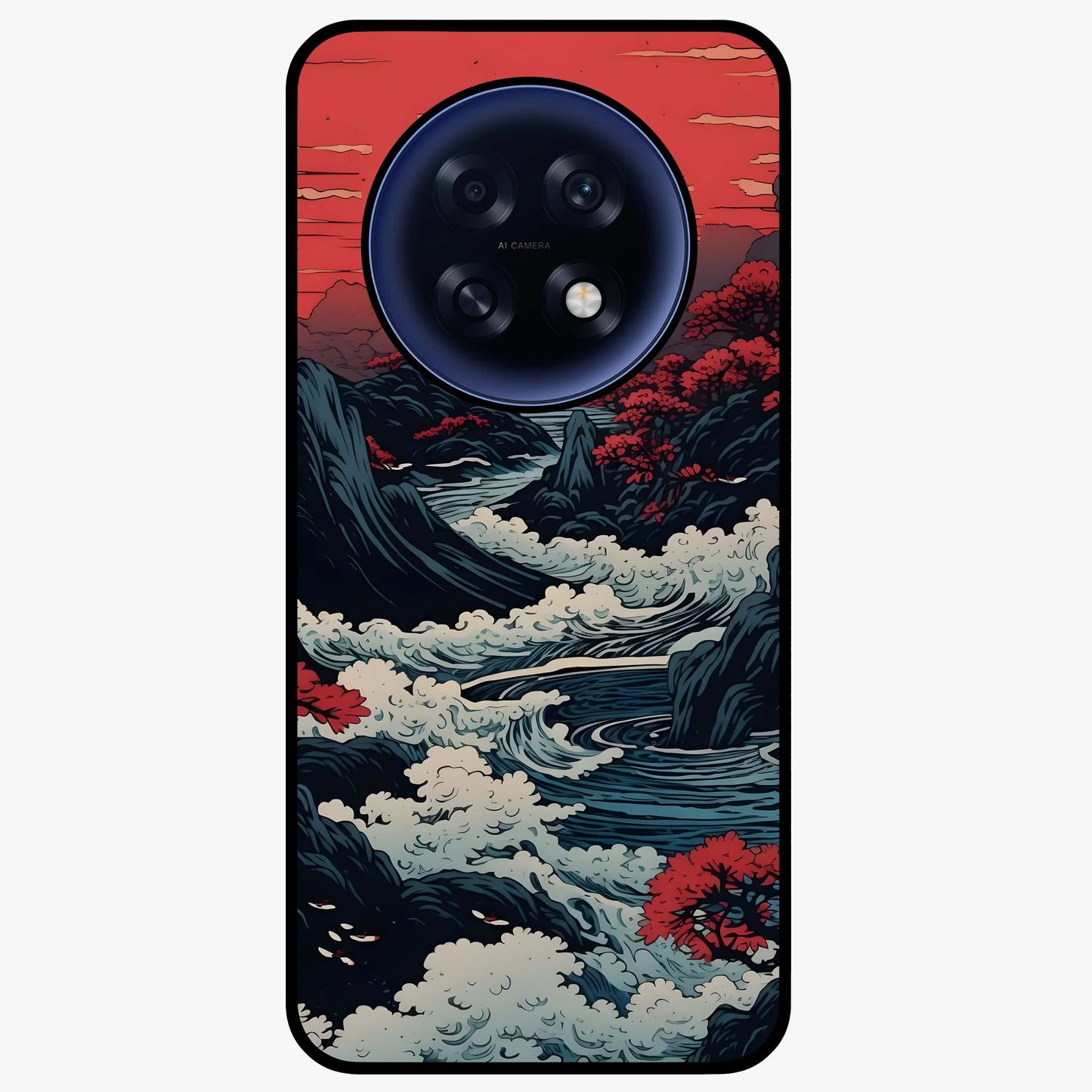 Red Sunset Scenery Glass Case showing flat back view with vibrant sunset landscape artwork and glossy glass finish.