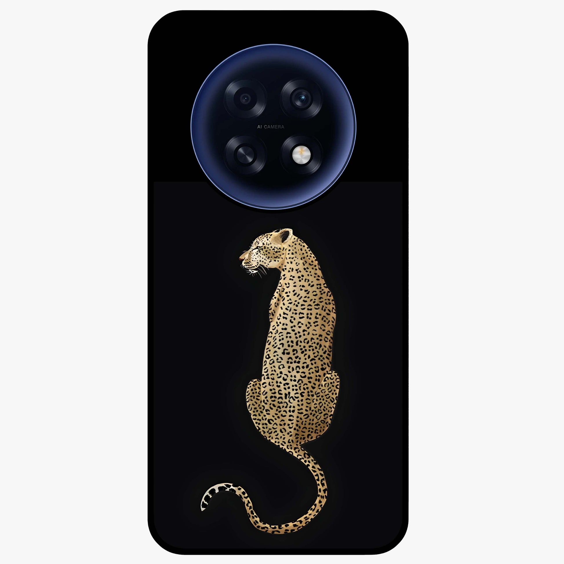 Regal Leopard Glass Case showing flat back view with bold leopard artwork and glossy glass finish.