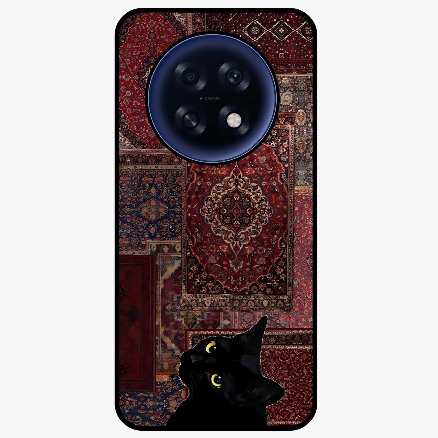 Regal Magic Cat Apple Glass Case showing flat back view with magical cat artwork holding apple and glossy glass finish.