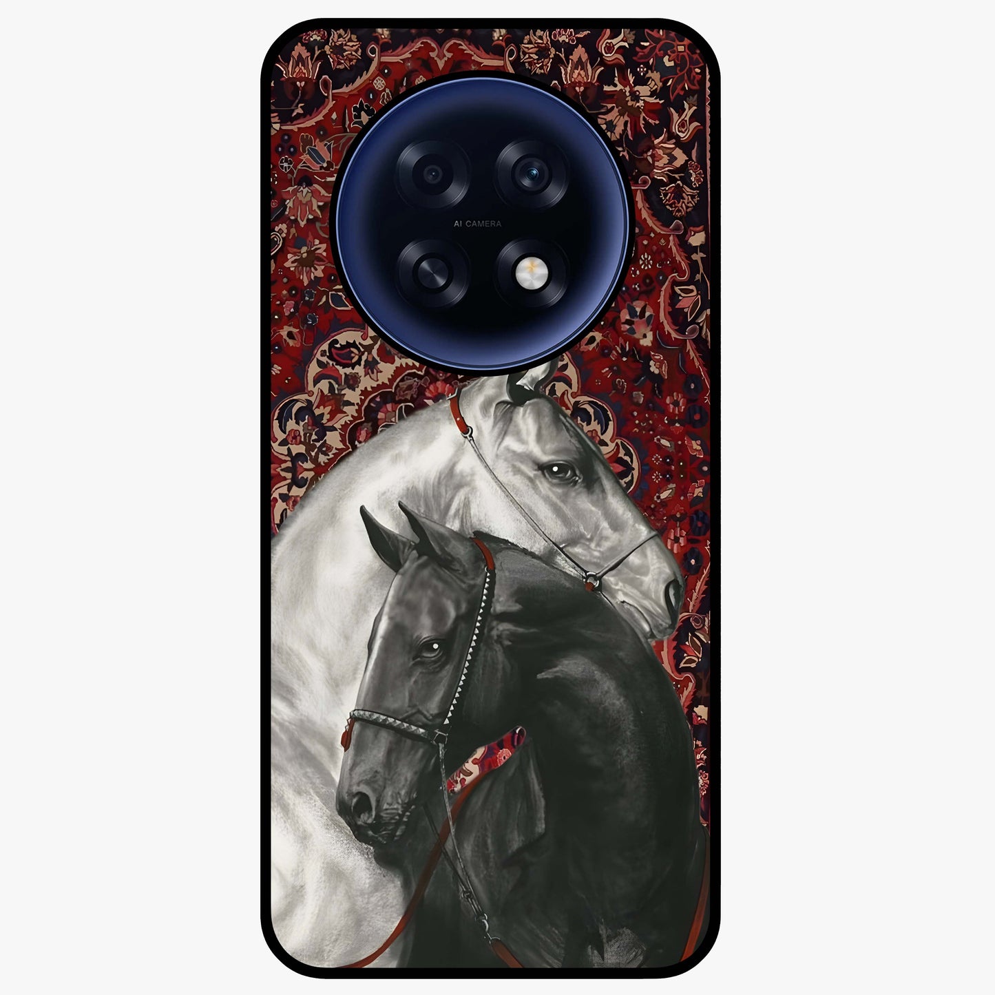 Regal Stallion Tapestry Glass Case showing flat back view with majestic horse tapestry artwork and glossy glass finish.