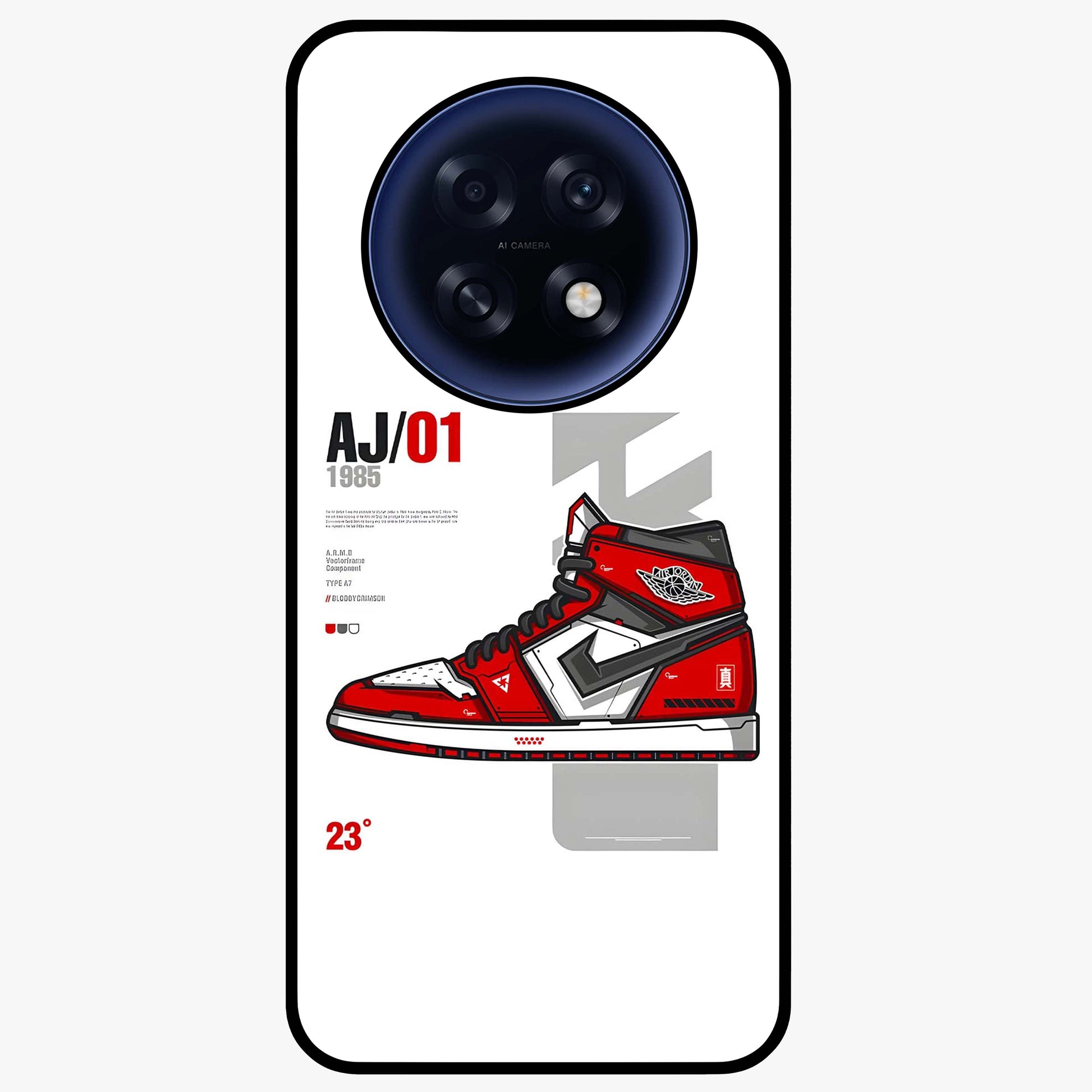 Retro Sneaker Blueprint Glass Case showing flat back view with sneaker blueprint style artwork and glossy glass finish.