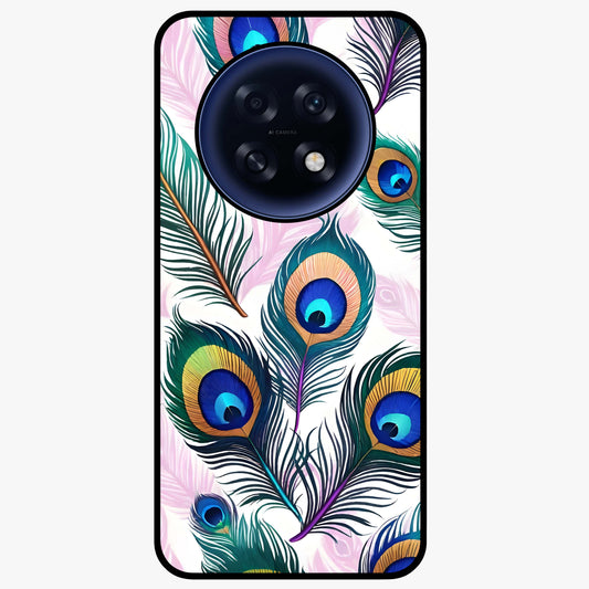 Royal Peacock Feathers Glass Case showing flat back view with colorful peacock feather artwork and glossy glass finish.