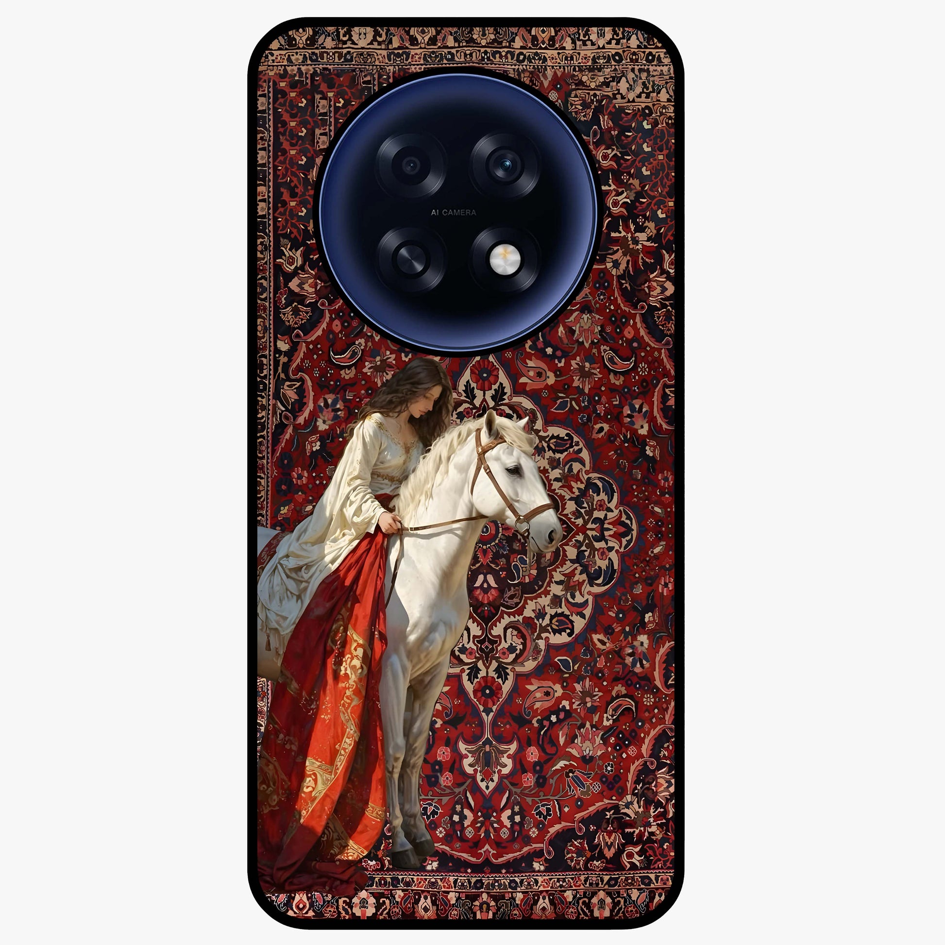 Royal Rider Tapestry Glass Case showing flat back view with majestic horse rider tapestry artwork and glossy glass finish.