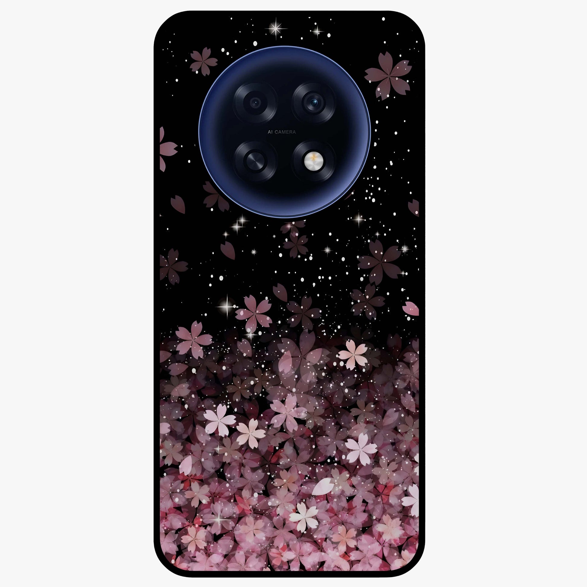Small Starry Flowers Glass Case showing flat back view with delicate starry floral artwork and glossy glass finish.