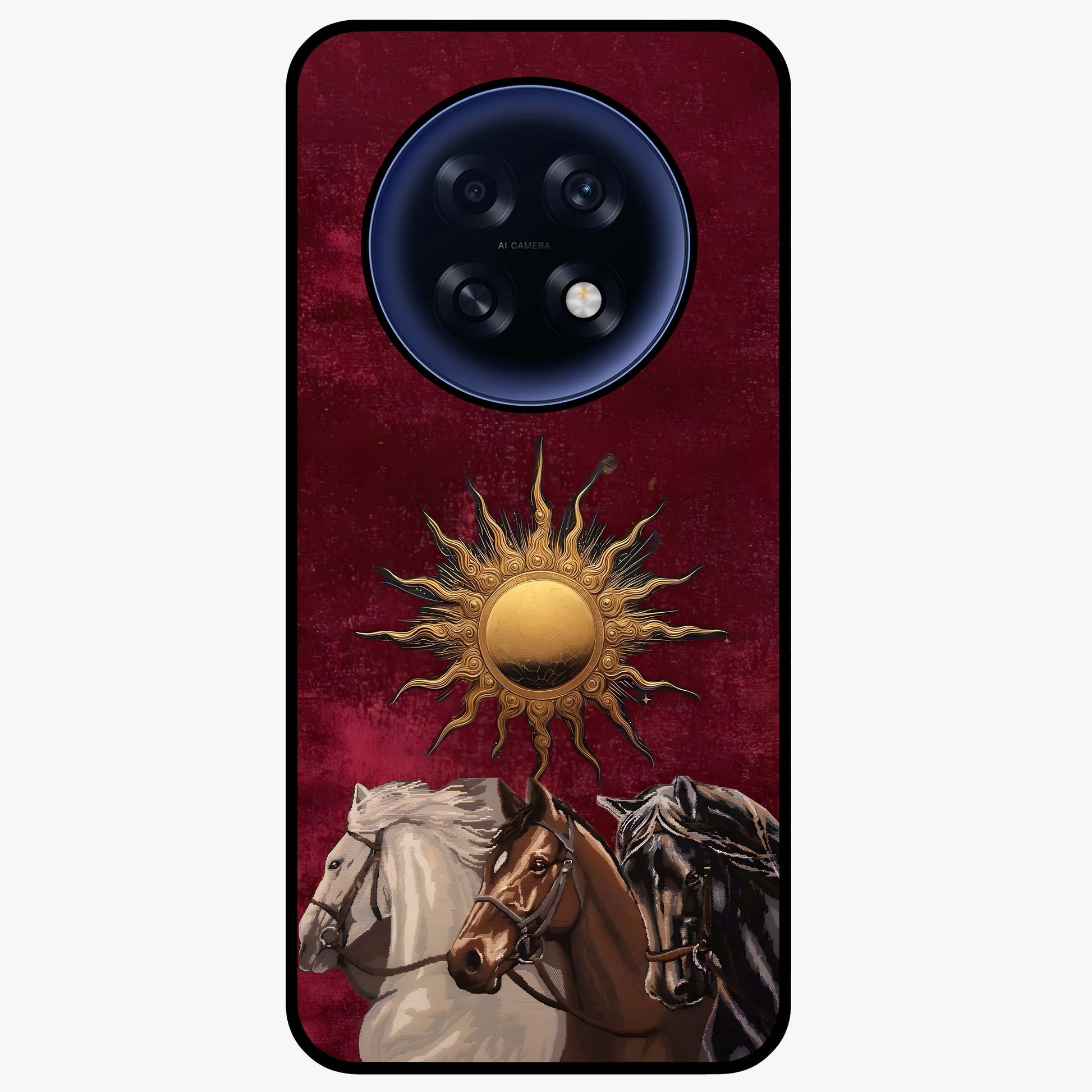 Solar Riders Glass Case showing flat back view with dynamic rider themed artwork and glossy glass finish.
