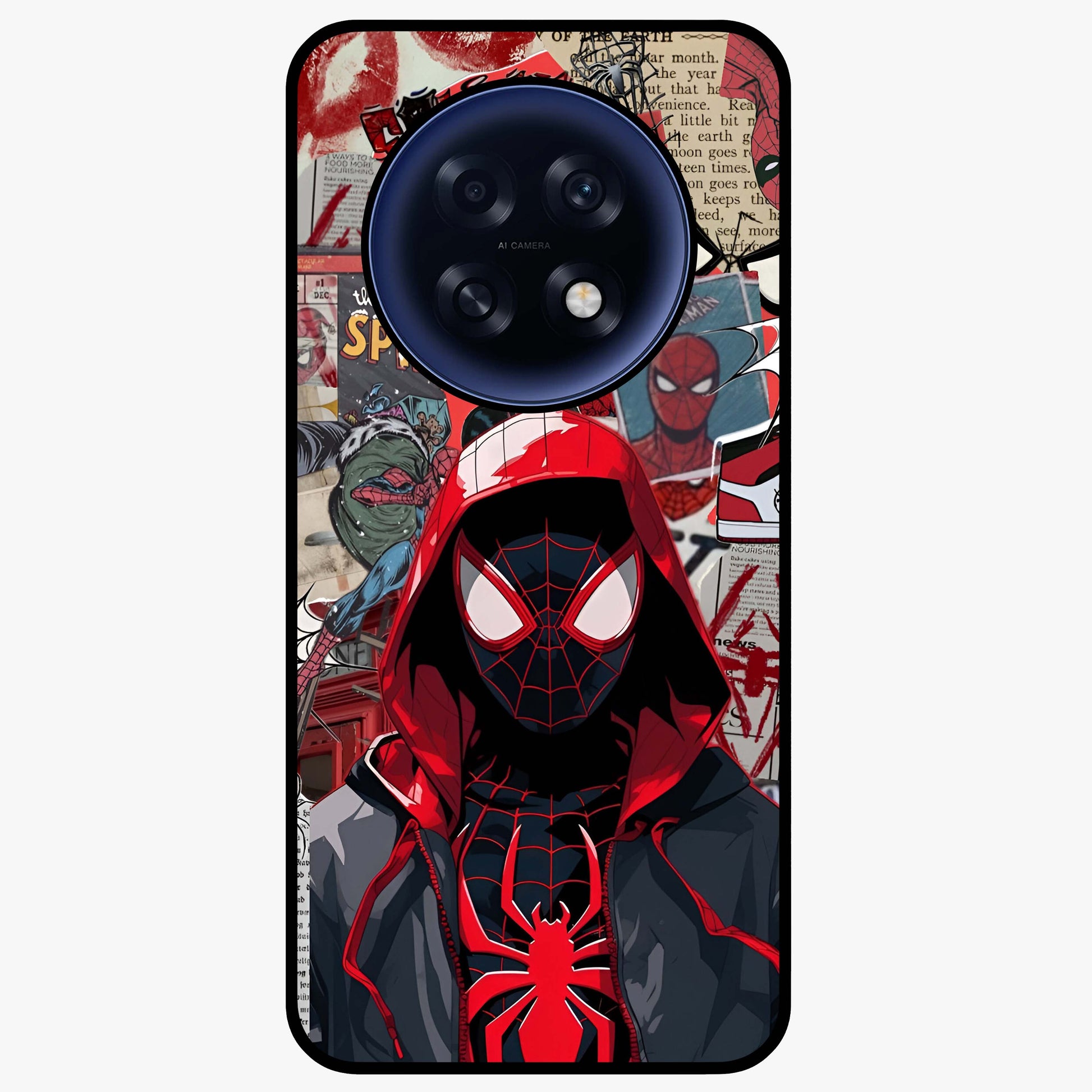 Spider Collage Street Glass Case showing flat back view with vibrant superhero collage artwork and glossy glass finish.