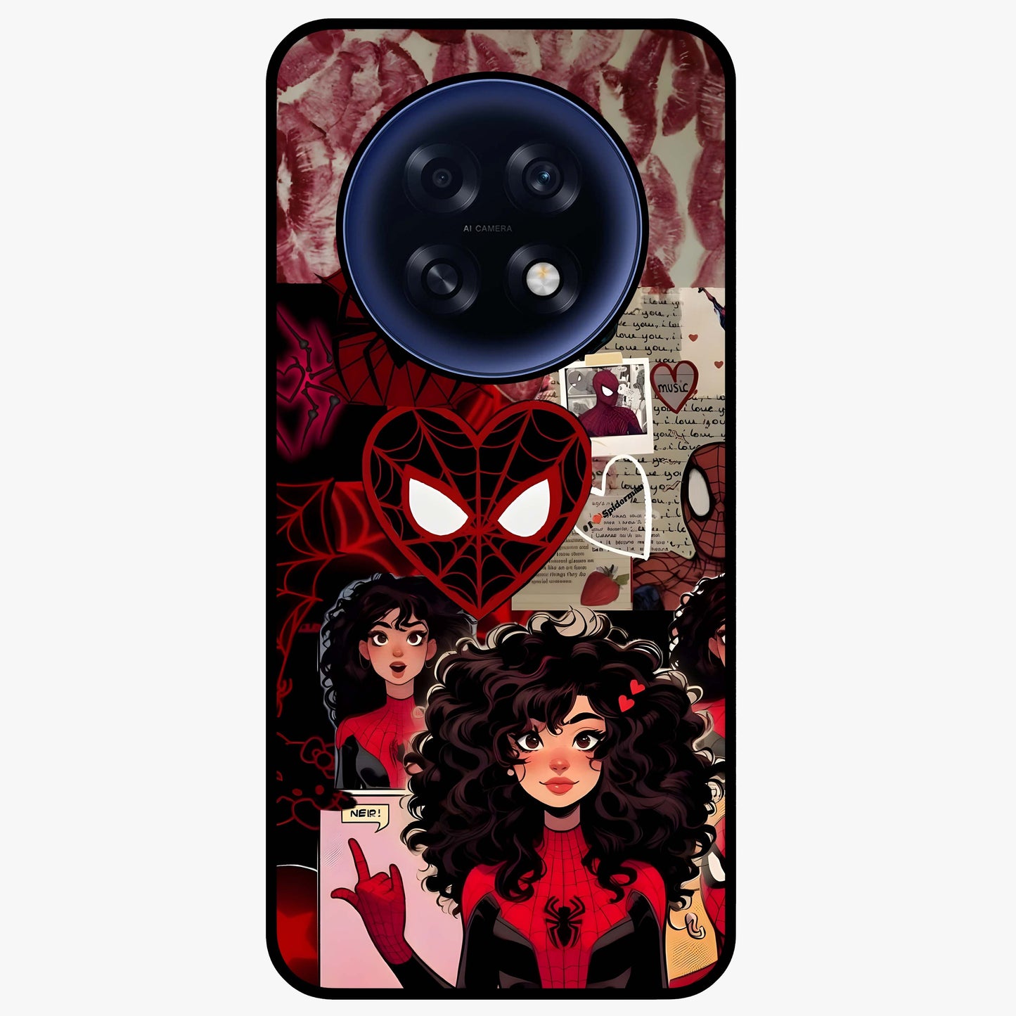 Spider Love Story Glass Case showing flat back view with romantic superhero themed artwork and glossy glass finish.