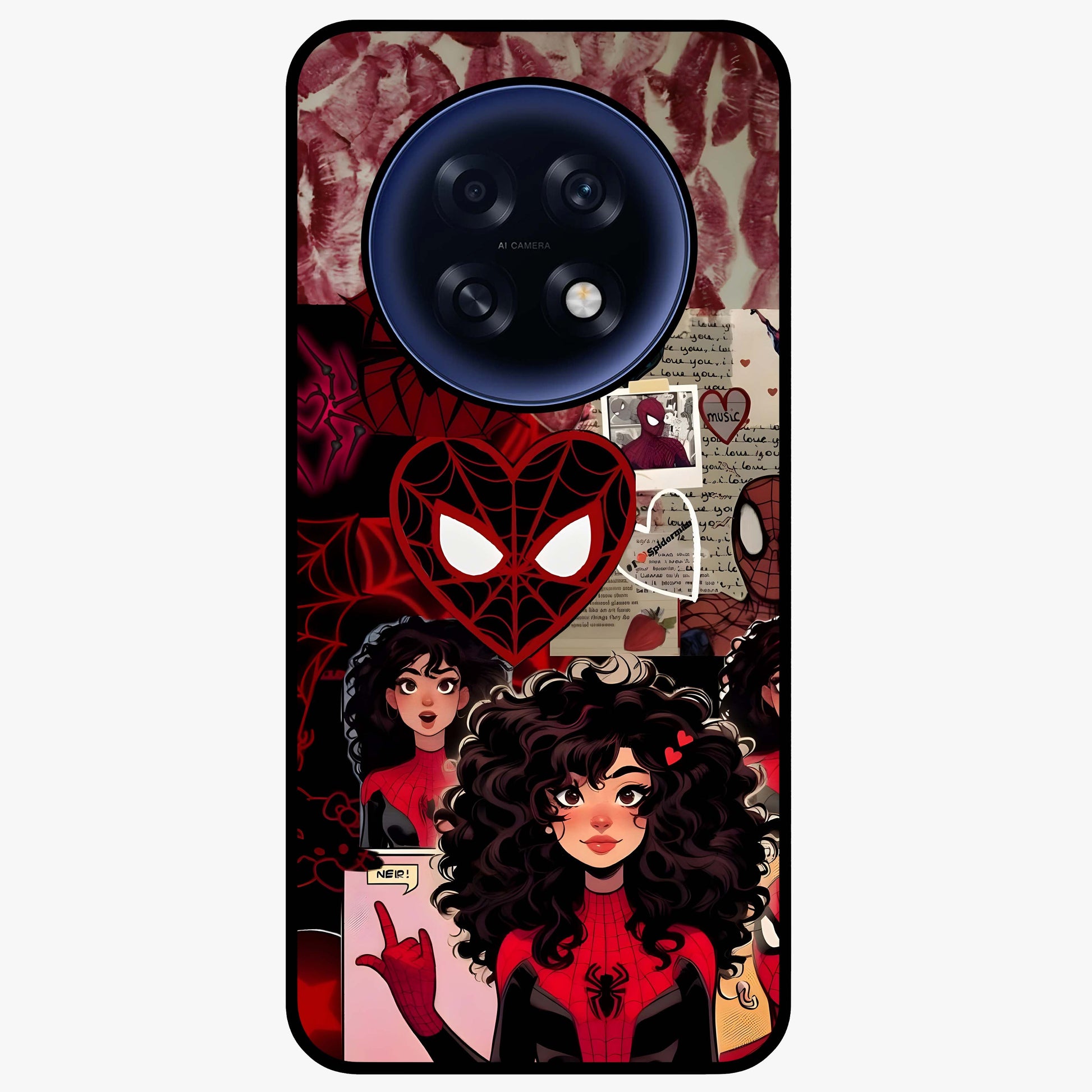 Spider Love Story Glass Case showing flat back view with romantic superhero themed artwork and glossy glass finish.