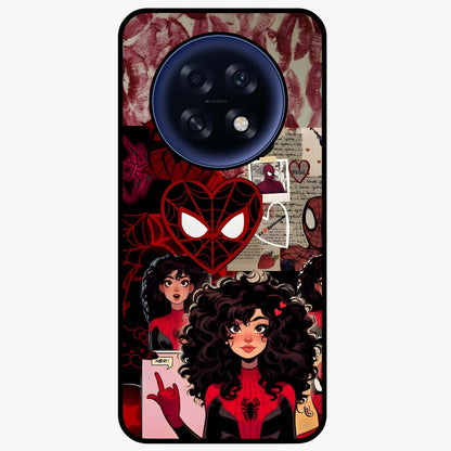 Spider Love Story Glass Case showing flat back view with romantic superhero themed artwork and glossy glass finish.
