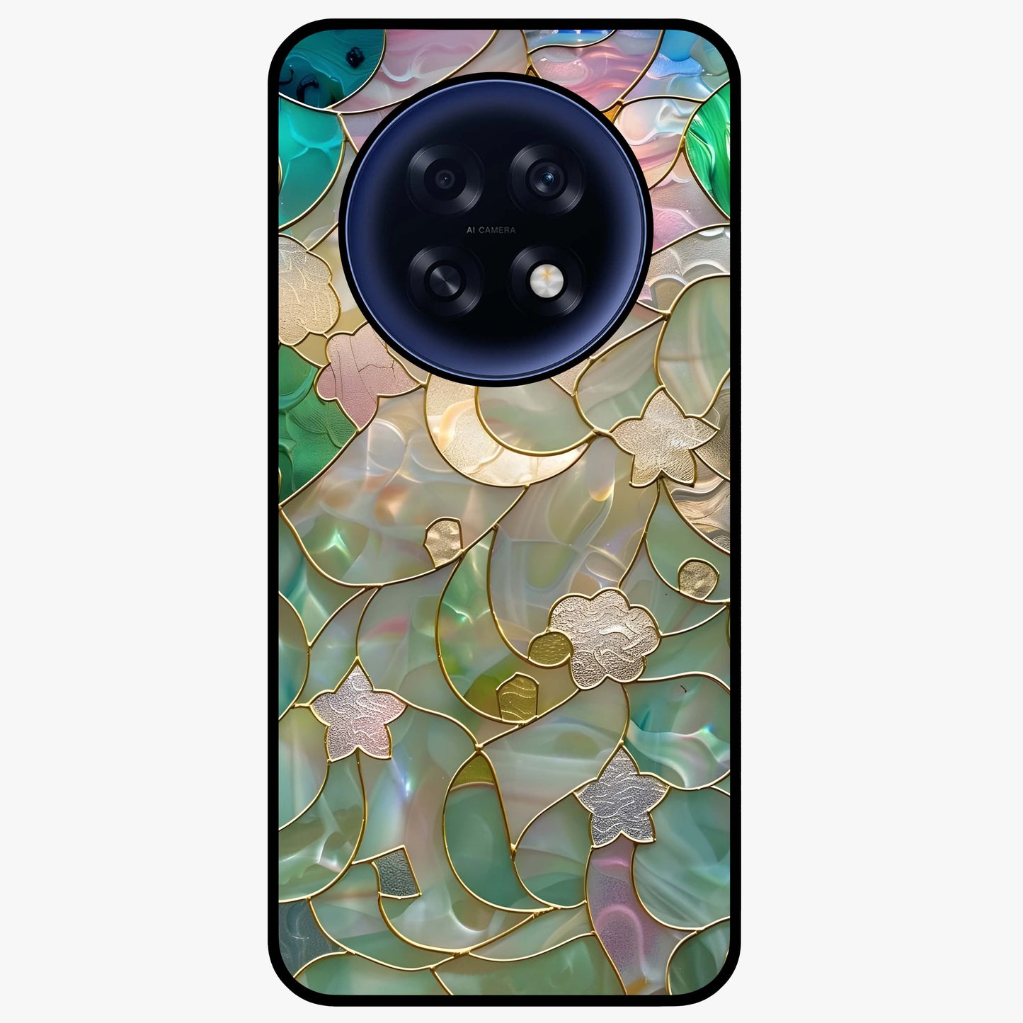 Stained Sunrise Glow Glass Case showing flat back view with glowing sunrise stained pattern artwork and glossy glass finish.