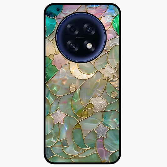 Stained Sunrise Glow Glass Case showing flat back view with glowing sunrise stained pattern artwork and glossy glass finish.