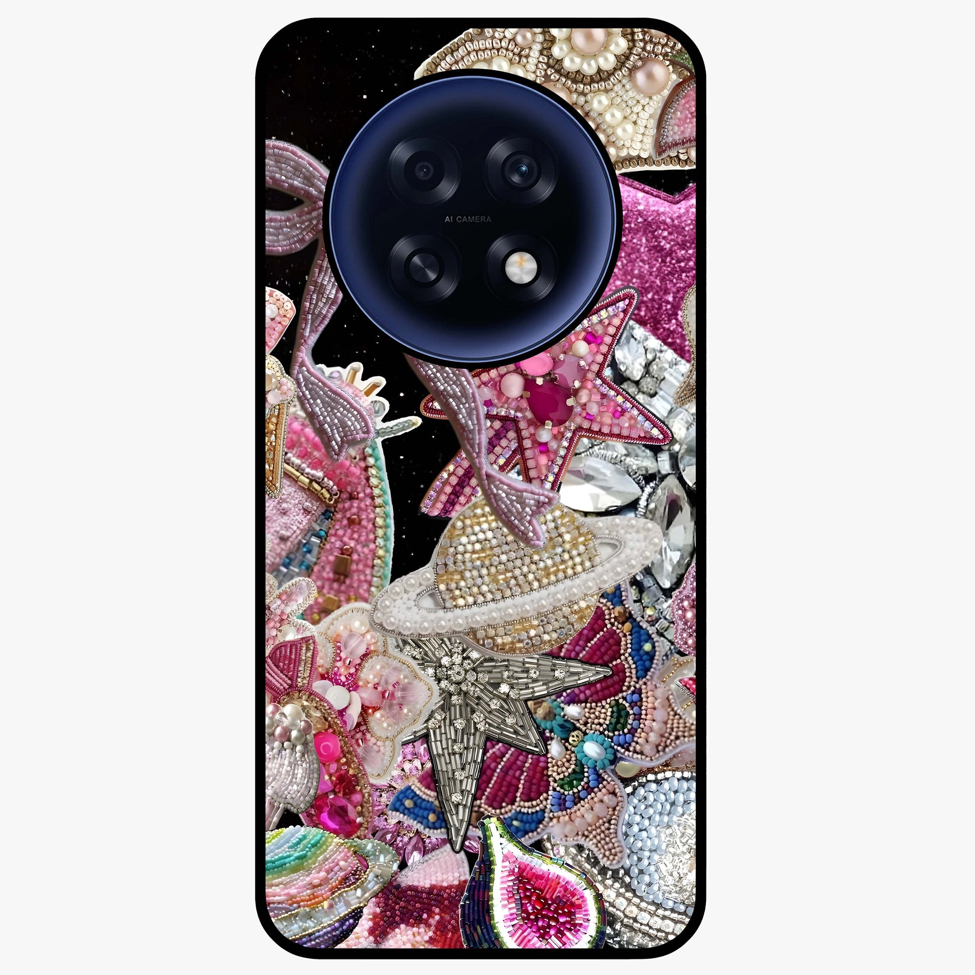 Starlit Jewel Dream Glass Case showing flat back view with sparkling jewel and star themed artwork and glossy glass finish.