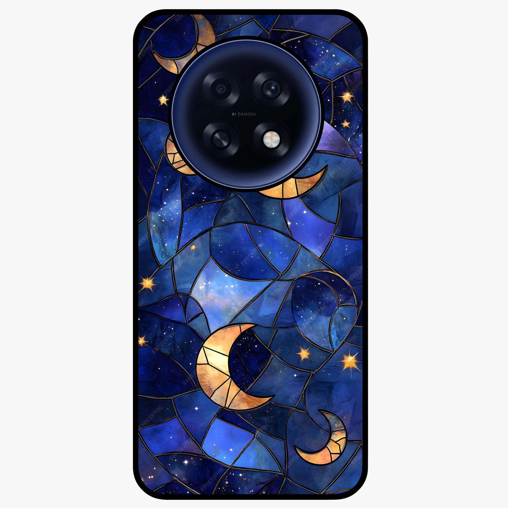 Starlit Sky Tapestry Glass Case showing flat back view with decorative starry sky tapestry artwork and glossy glass finish.