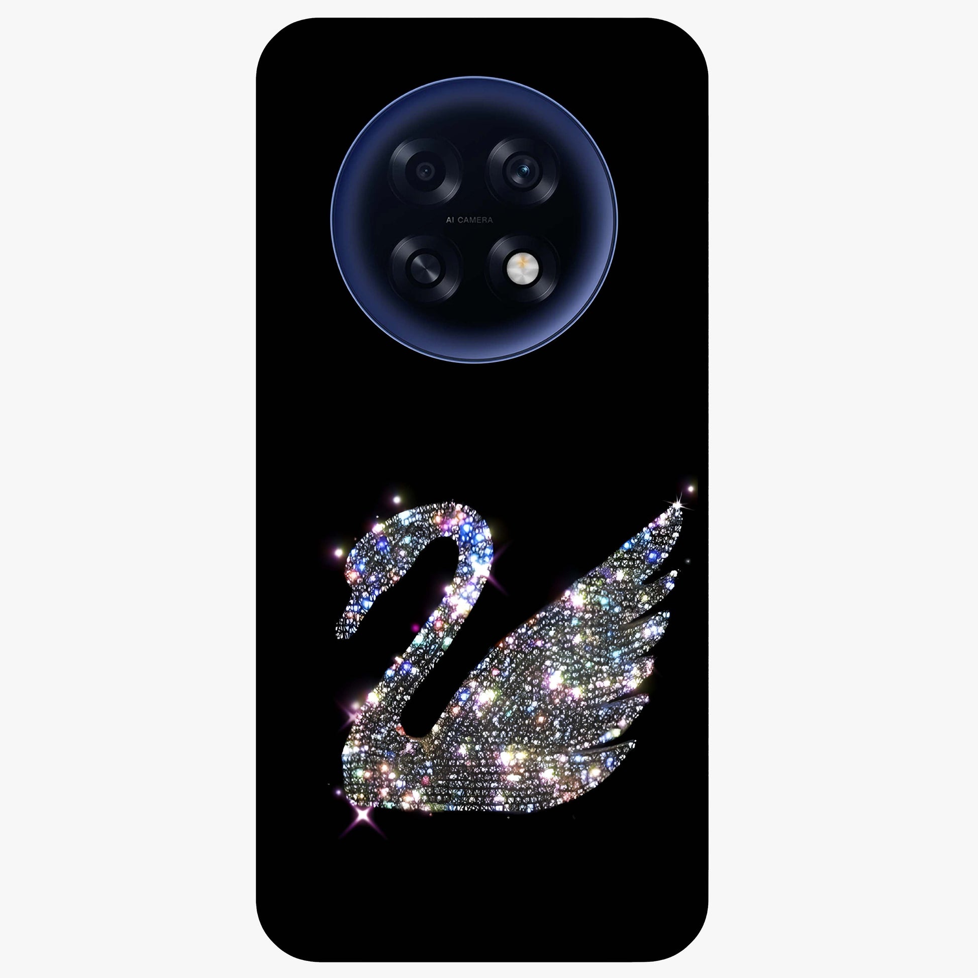 Starlit Swan Grace Glass Case showing flat back view with graceful swan artwork under starry sky and glossy glass finish.