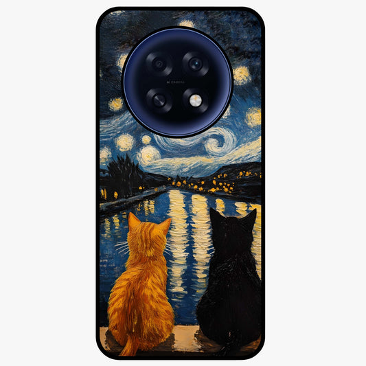 Starry River Cats Glass Case showing flat back view with cats by a starry river artwork and glossy glass finish.