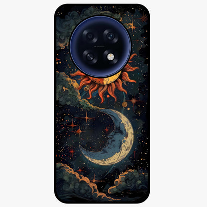 Sun And Moon Magic Design Glass Case showing flat back view with mystical sun and moon artwork and glossy glass finish.