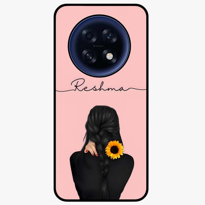 Sunflower Braid Beauty With Custom Name Glass Case showing flat back view with sunflower braid artwork and personalized name design.