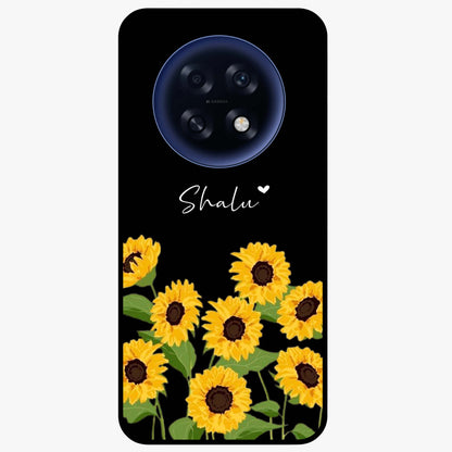 Sunflower Chic Mood Custom Name Glass Case showing flat back view with stylish sunflower artwork and personalized name design.
