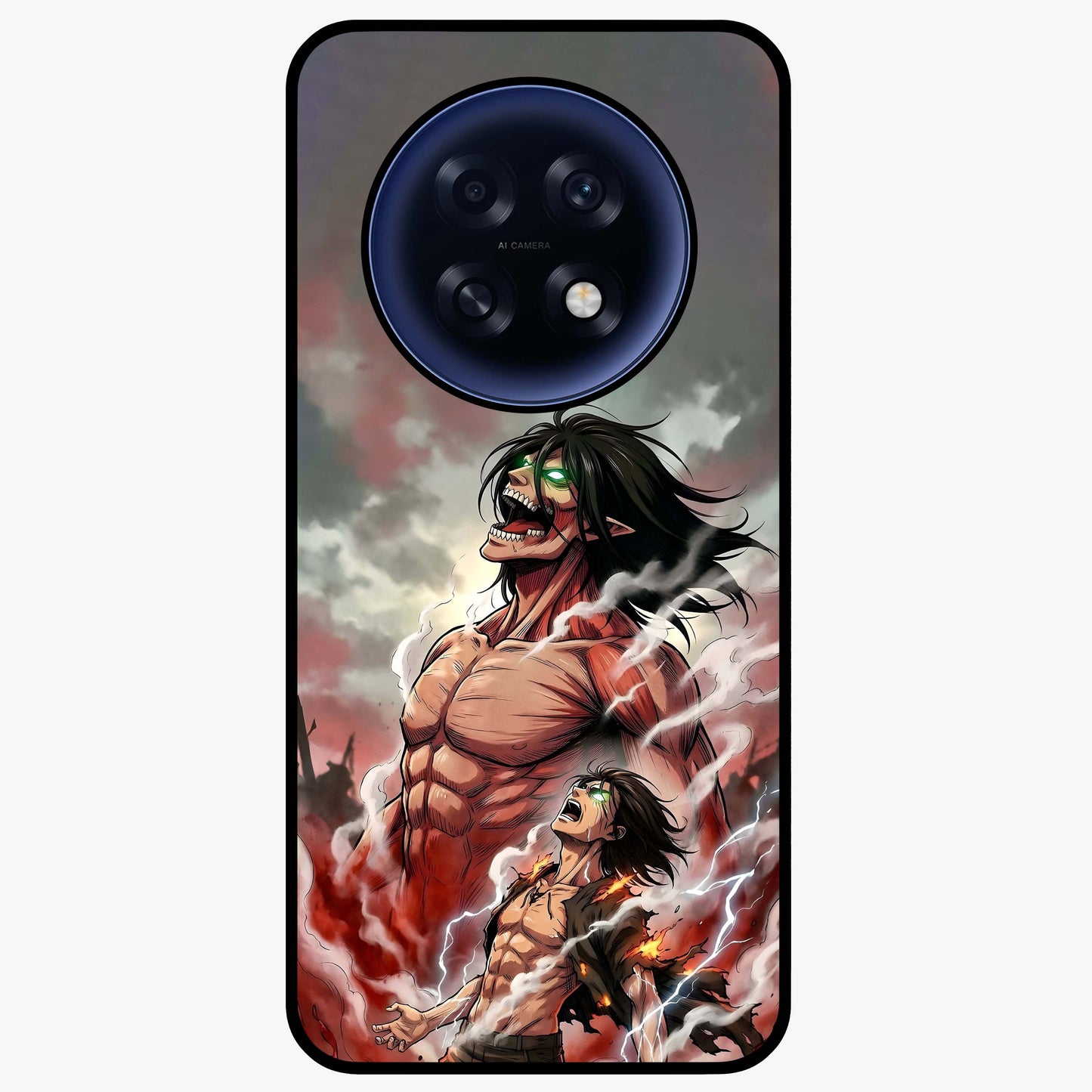 Titan Awakening Fury Glass Case showing flat back view with powerful titan inspired artwork and glossy glass finish.