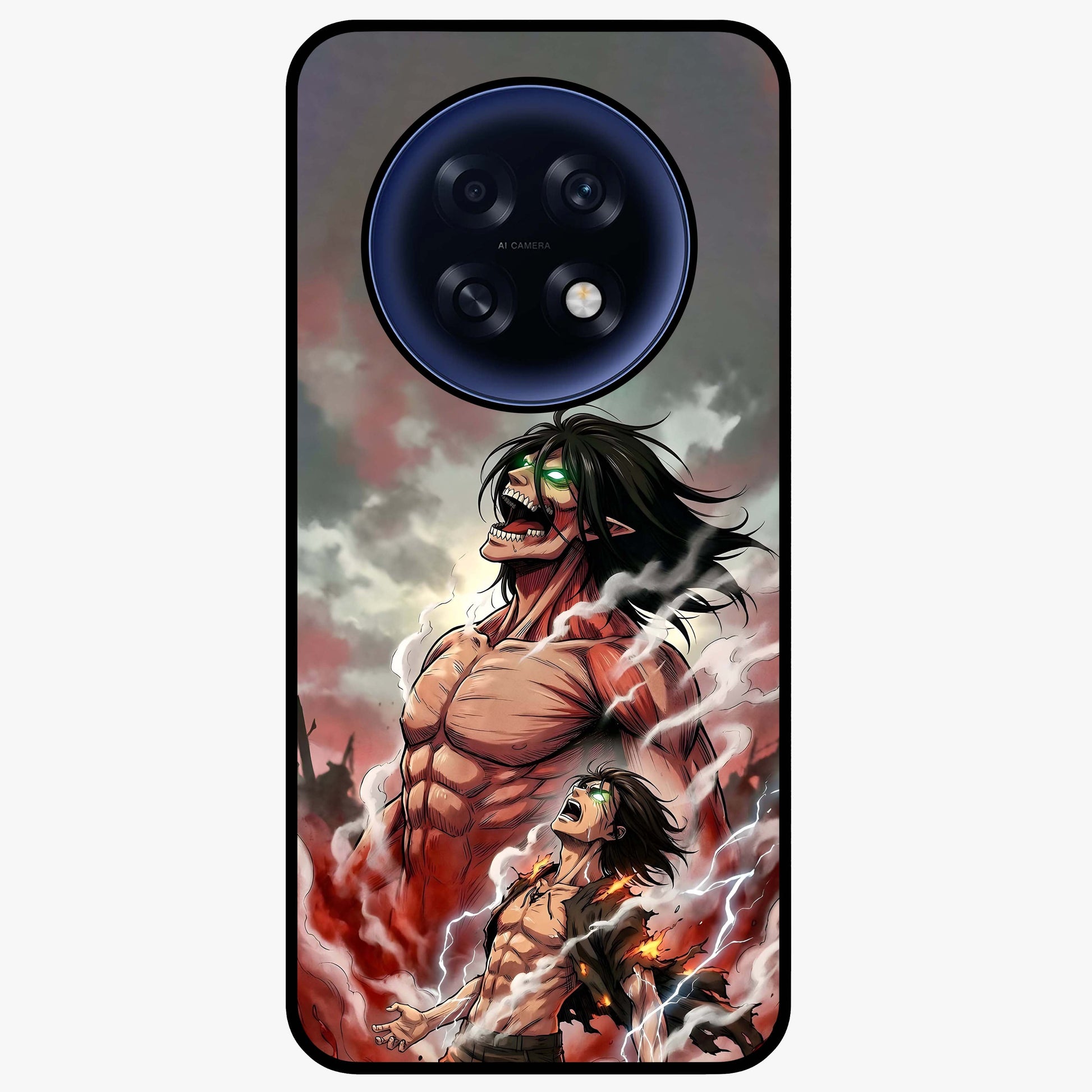 Titan Awakening Fury Glass Case showing flat back view with powerful titan inspired artwork and glossy glass finish.