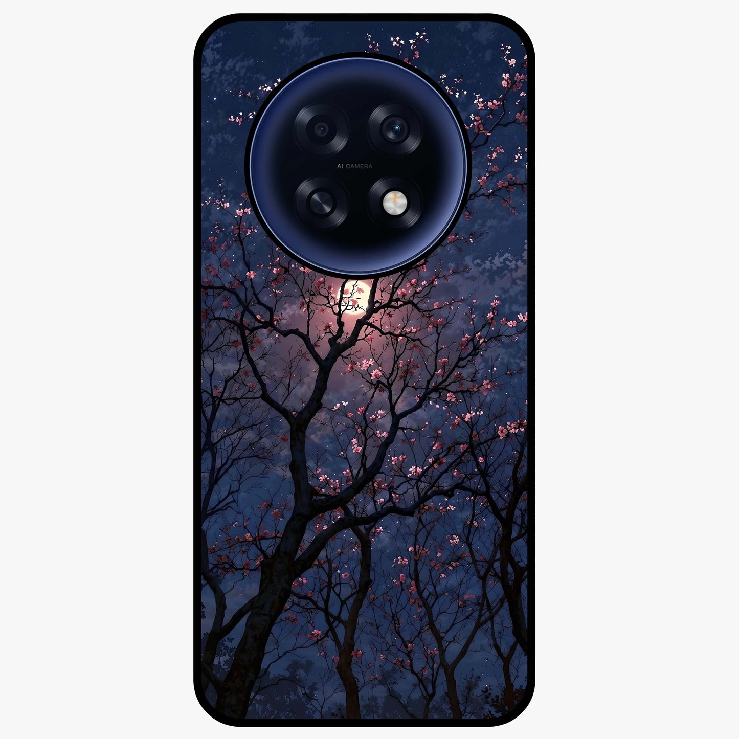 Twilight Sakura Serenade Glass Case showing flat back view with cherry blossom artwork at twilight and glossy glass finish.
