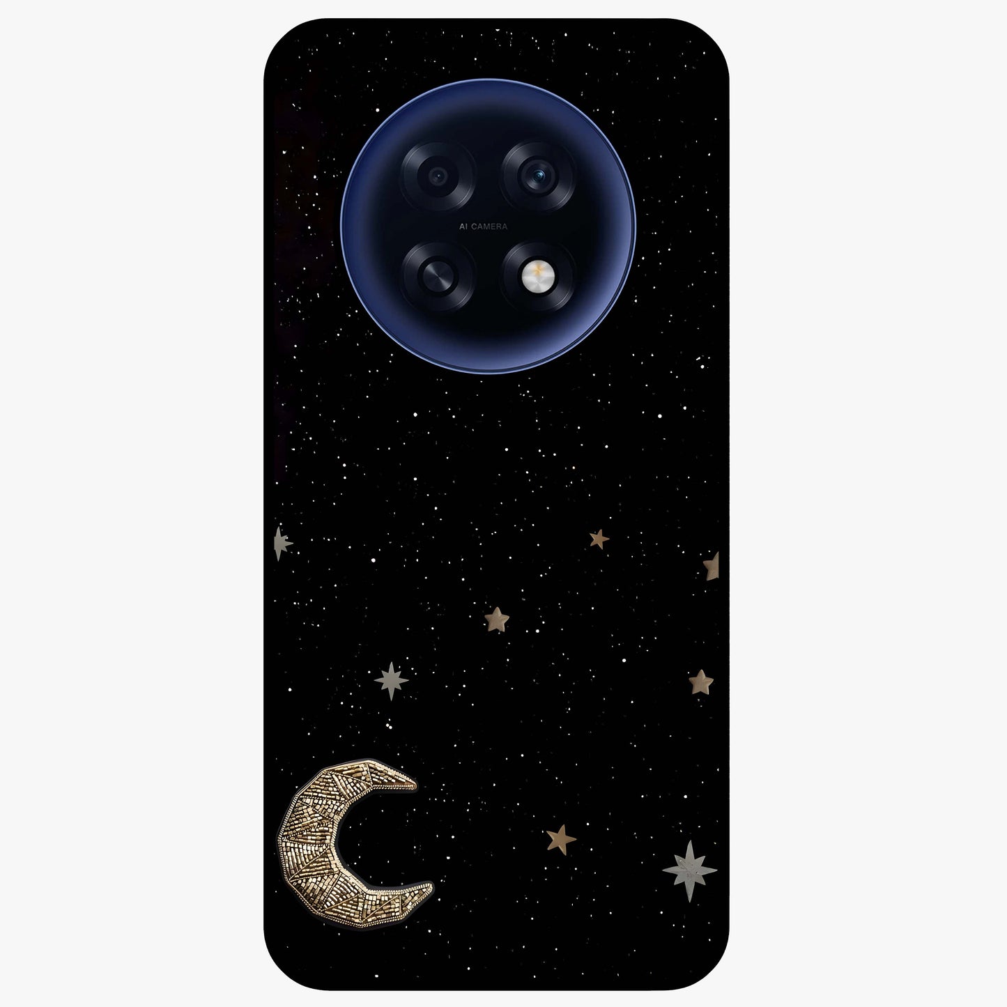Twinkle Star With Half Moon Glass Case showing flat back view with star and half moon artwork and glossy glass finish.