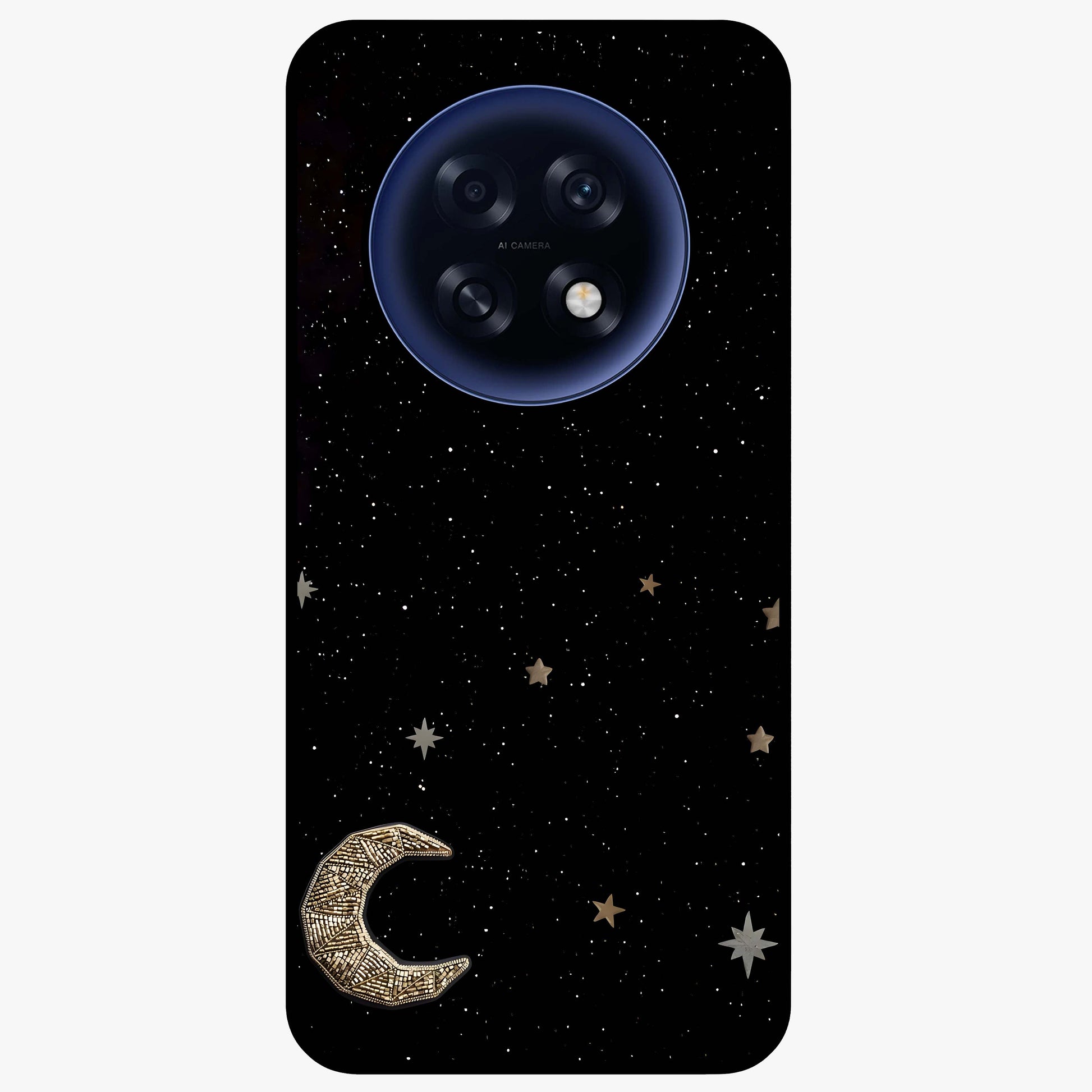 Twinkle Star With Half Moon Glass Case showing flat back view with star and half moon artwork and glossy glass finish.