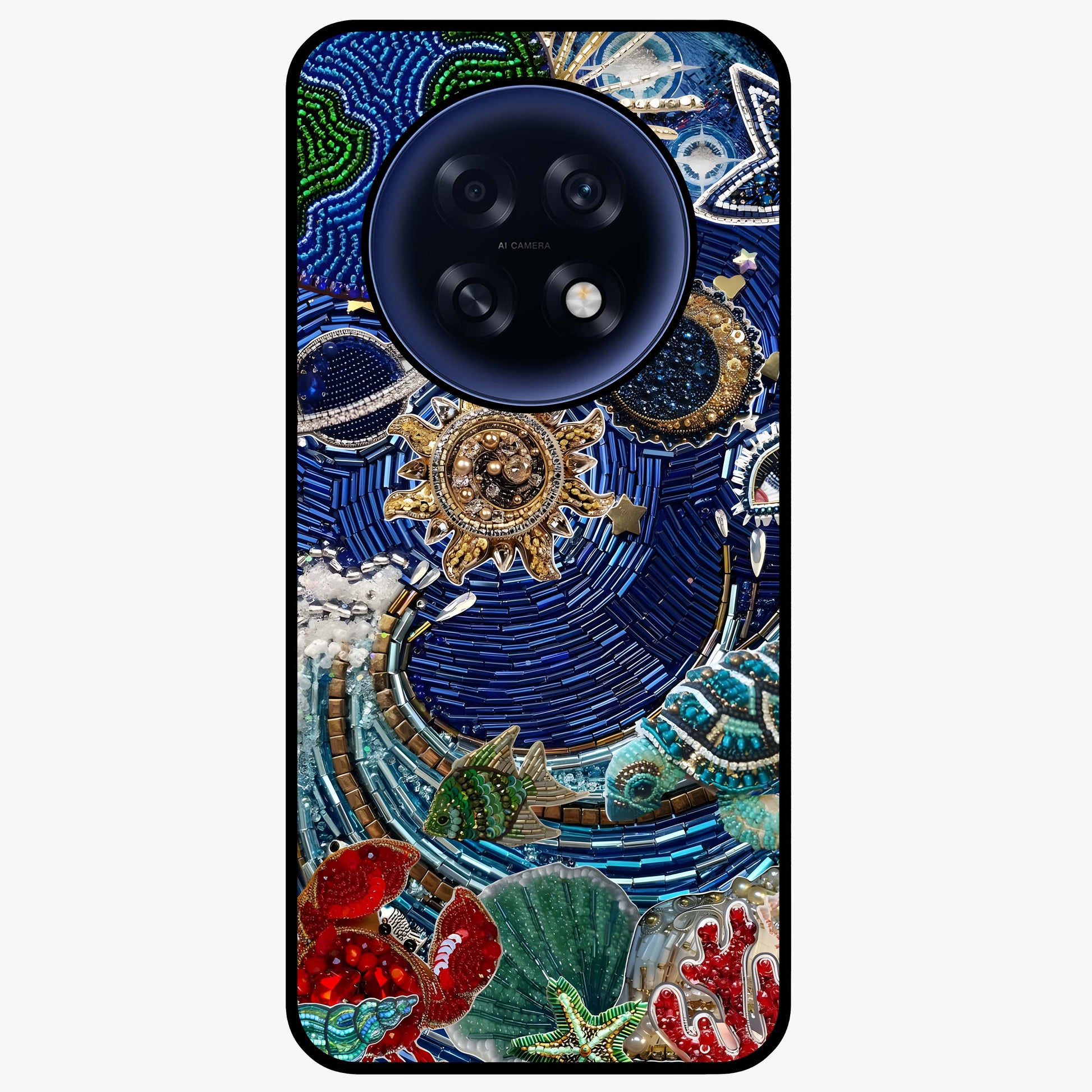 Universe Underwater Spark Glass Case showing flat back view with cosmic underwater themed artwork and glossy glass finish.