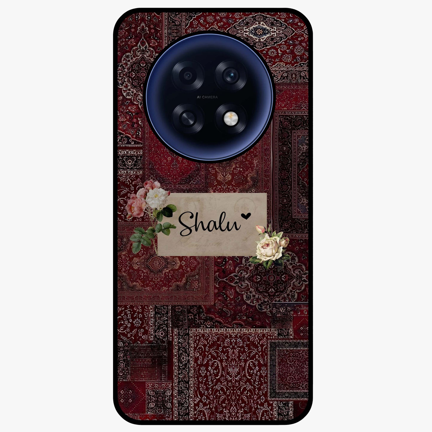 Velvet Wine Pattern Custom Name Glass Case showing flat back view with elegant wine colored pattern artwork and personalized name design.