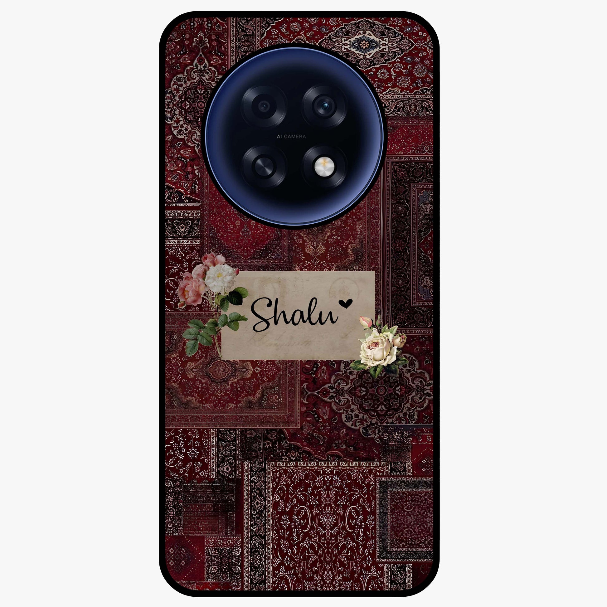 Velvet Wine Pattern Custom Name Glass Case showing flat back view with elegant wine colored pattern artwork and personalized name design.