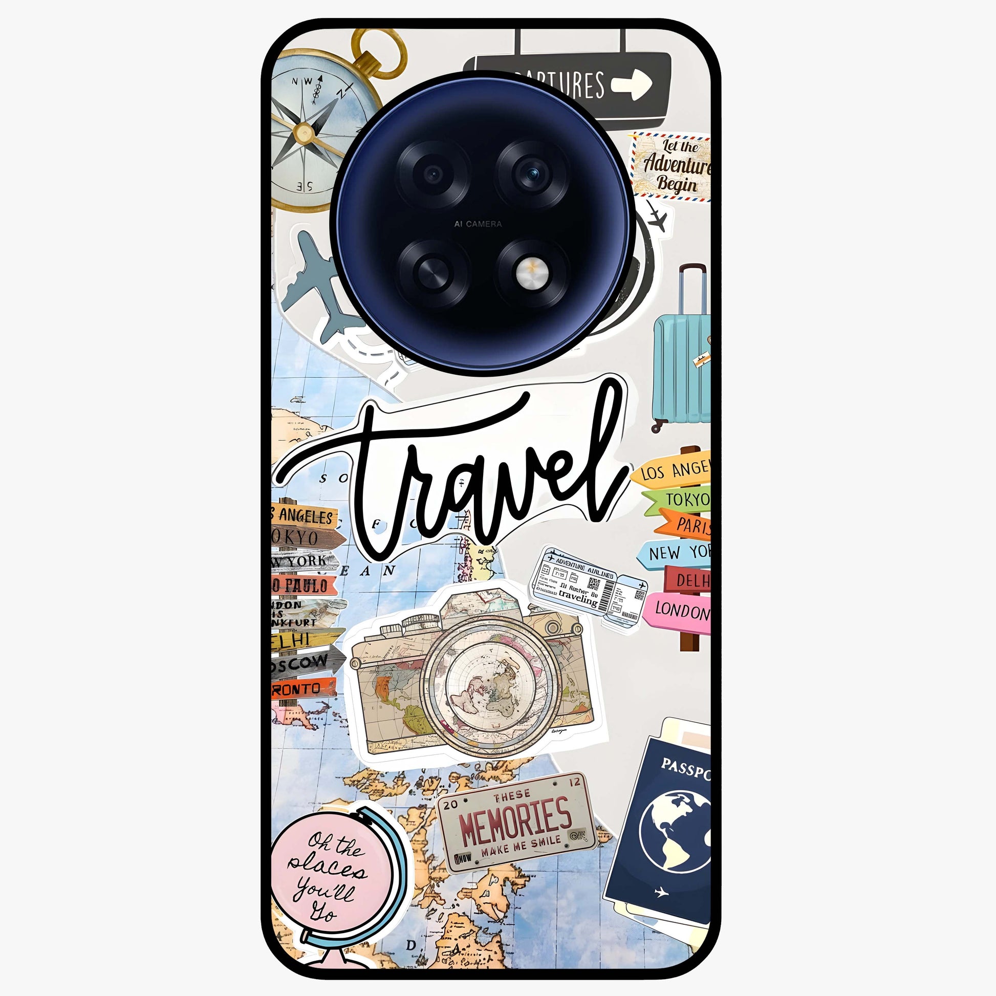 Wanderlust Journal Glass Case showing flat back view with travel inspired artwork and glossy glass finish.