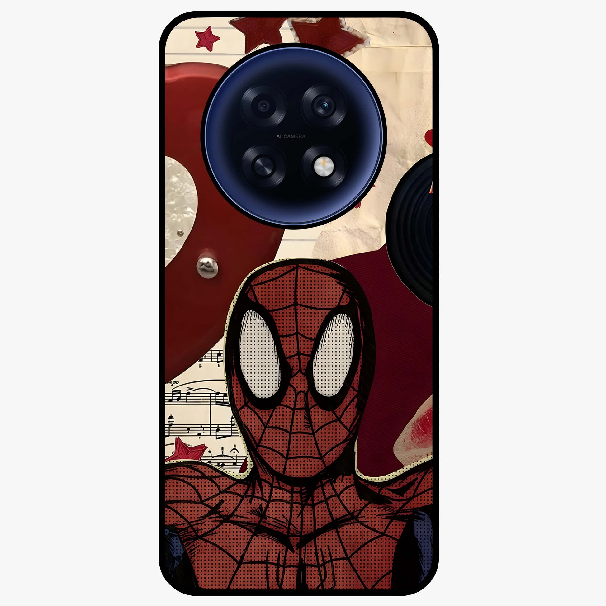 Web Warrior Vibes Glass Case showing flat back view with superhero inspired web themed artwork and glossy glass finish.